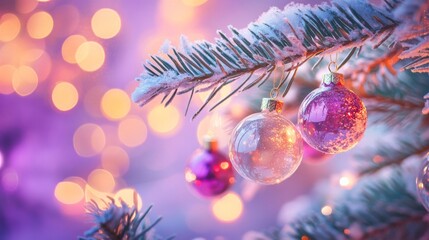 Festive Christmas tree with decorations with glittery baubles, frosted evergreen branches, illuminated by warm lights on a blur background. Merry Christmas banner and poster