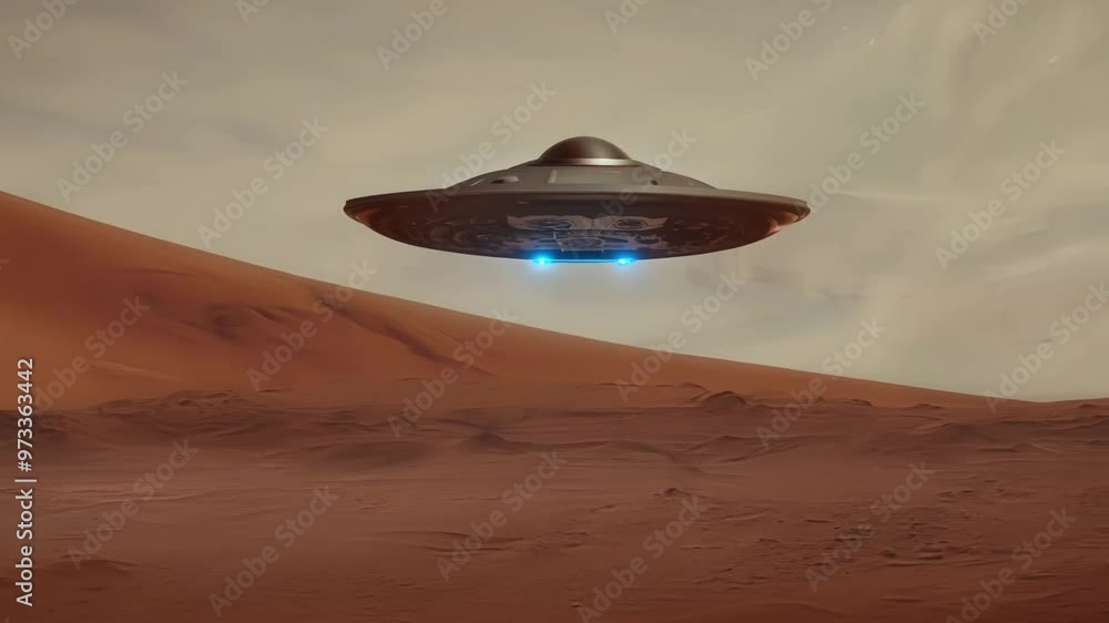 Aufkleber Spaceship is hovering over a red, dusty martian desert landscape, casting a mysterious blue glow. The vastness of space and the unknown possibilities of alien life are palpable in this image