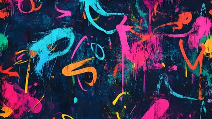 Colorful graffiti artwork with splashes of neon pink, orange, green, and blue on a dark background, creating a vibrant and energetic street art style.