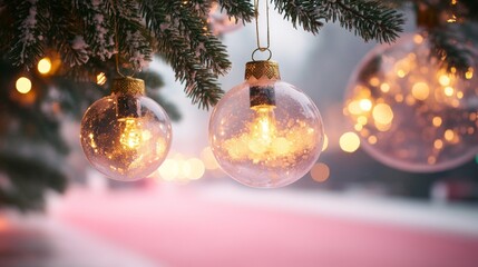 Festive Christmas tree with decorations with glittery baubles, frosted evergreen branches, illuminated by warm lights on a blur background. Merry Christmas banner and poster