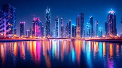 Fototapeta premium A vibrant city skyline glowing with neon lights reflected on water, representing modern urbanization, futuristic architecture, and night cityscapes.