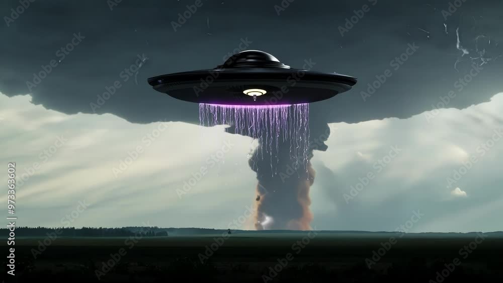 Poster flying saucer is using its tractor beam to create a tornado in a field, with dark storm clouds in a 