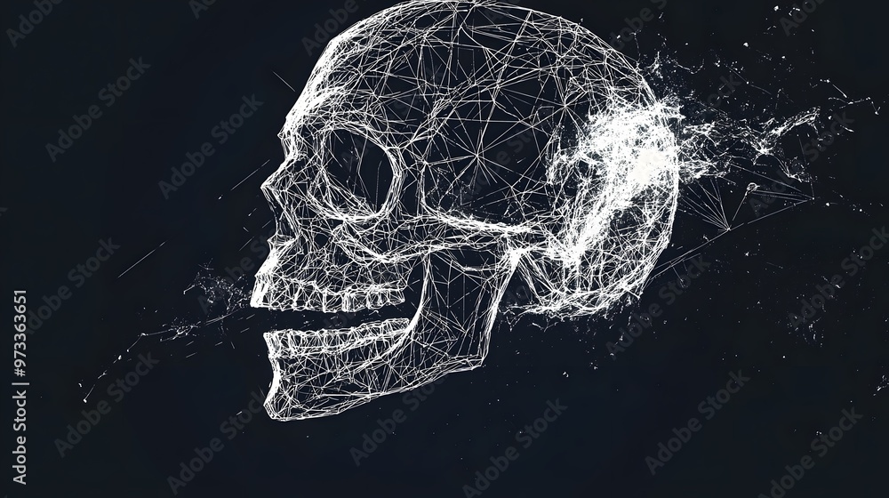 Poster a digitally rendered skull made from a wireframe mesh, floating in a dark space, representing techno