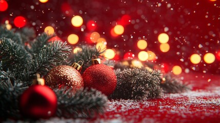 Obraz premium Festive Christmas tree with decorations with glittery baubles, frosted evergreen branches, illuminated by warm lights on a blur background. Merry Christmas banner and poster