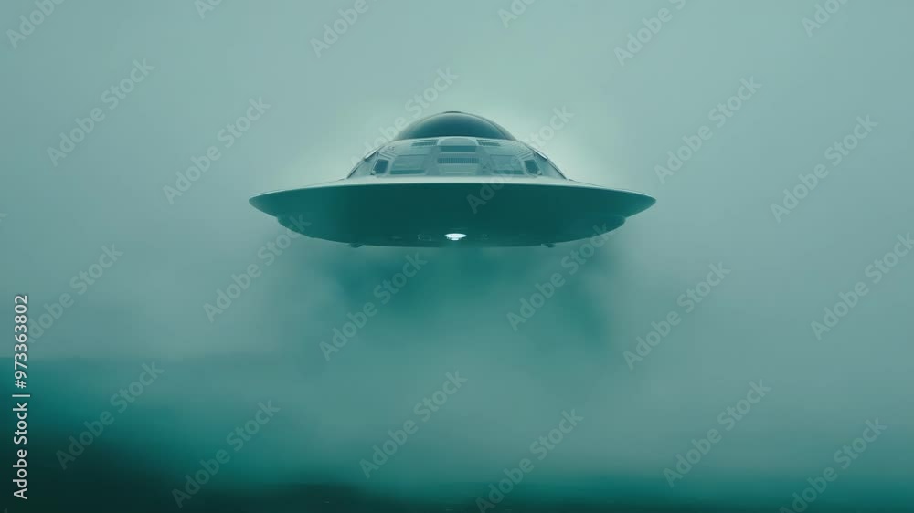 Poster Large, silver, disc shaped ufo with glowing lights is hovering in a foggy, atmospheric environment over what appears to be a rocky surface