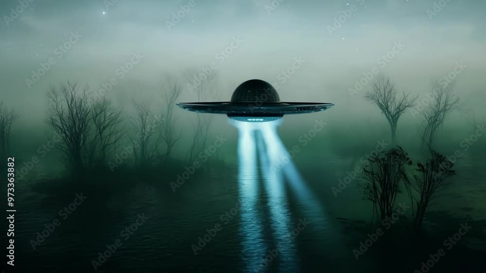 Poster Mysterious unidentified flying object is hovering over a swamp on a foggy night, its bright lights reflecting in the water. The eerie scene evokes a sense of wonder and trepidation