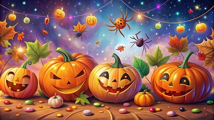 Vibrant illustration of smiling jack-o'-lanterns, candy, and playful spiders amidst swirling autumn leaves and twinkling stars, capturing the whimsical essence of a magical Halloween night.