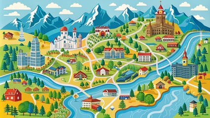 Vibrant illustration of Switzerland's cities and towns, featuring intricate roads, rivers, and mountains, with Zurich, Geneva, and Bern highlighted in bold colors and lines.