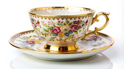 delicate china, An exquisite antique porcelain tea cup featuring intricate floral patterns and delicate gold trim captured from a worm s eye view against a pristine white background