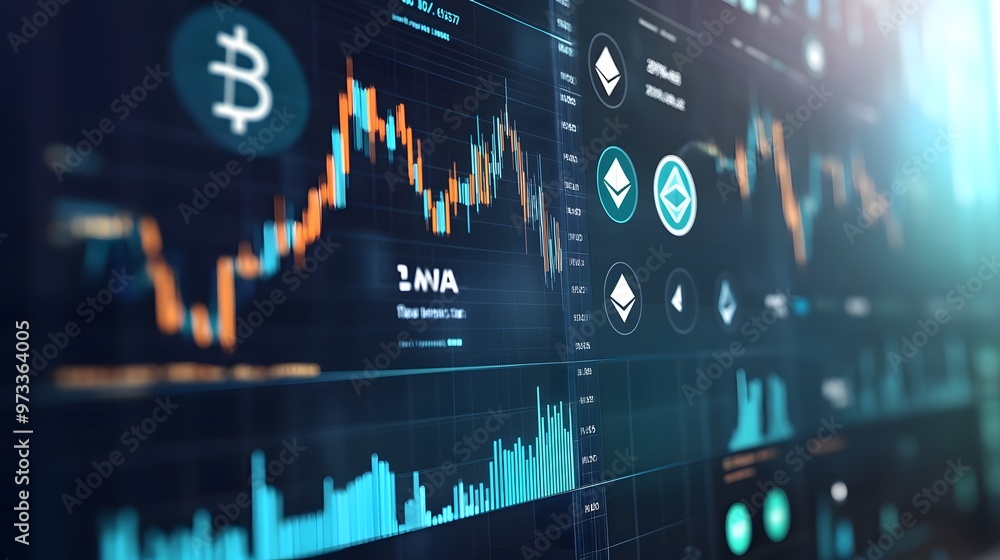 Poster digital dashboard showing bitcoin symbol and fluctuating cryptocurrency data charts, highlighting ma