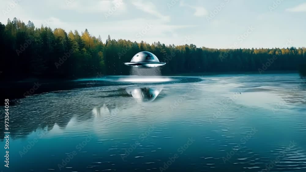 Poster classic alien spaceship is hovering over a lake on a cloudy day. the water is reflecting the spacesh
