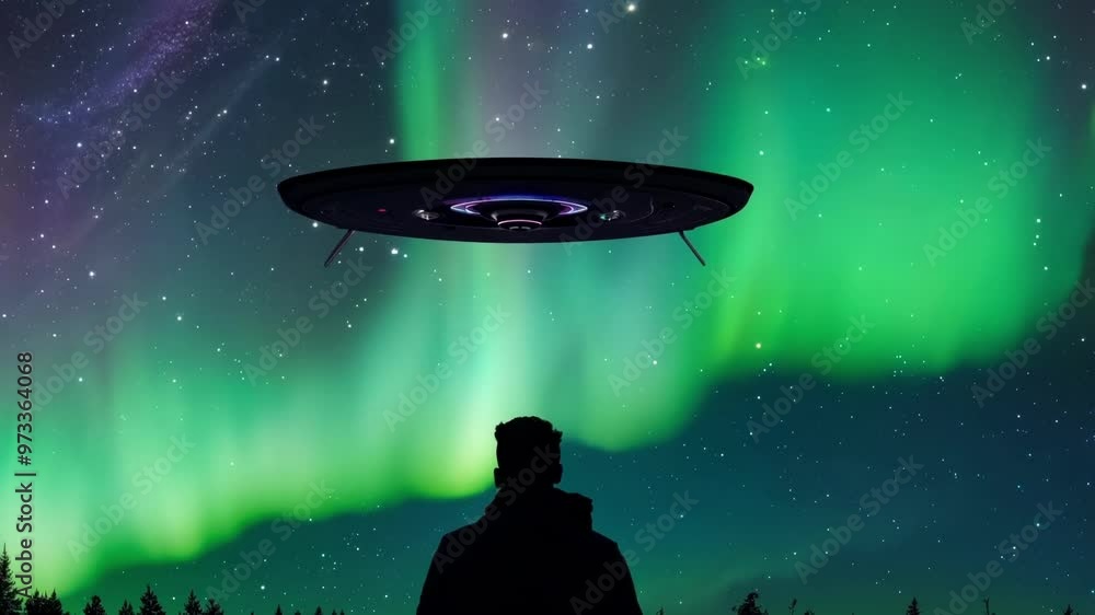 Poster Man stands in the wilderness, watching a ufo under the aurora borealis, creating a mesmerizing scene of mystery and wonder