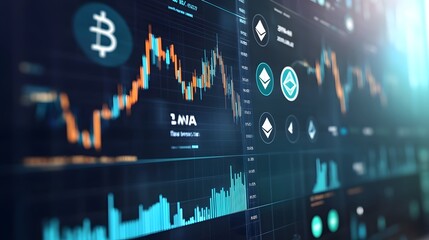 Digital dashboard showing Bitcoin symbol and fluctuating cryptocurrency data charts, highlighting market trends and blockchain technology.