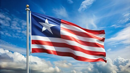 Vibrant Liberian flag waving in the wind, featuring 11 red and white stripes and a blue square with