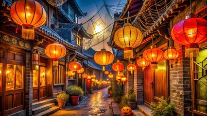 Fototapeta premium Vibrant lanterns, spider webs, and festive ornaments adorn ancient Chinese architecture, casting a warm, eerie glow on a mystical Halloween night in a traditional Beijing alleyway.