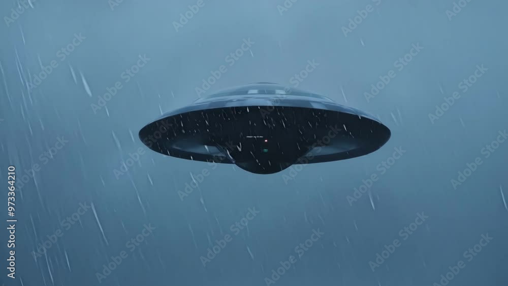 Poster Mysterious spacecraft is hovering in the sky, rain falling on its metallic surface, creating an eerie and intriguing atmosphere