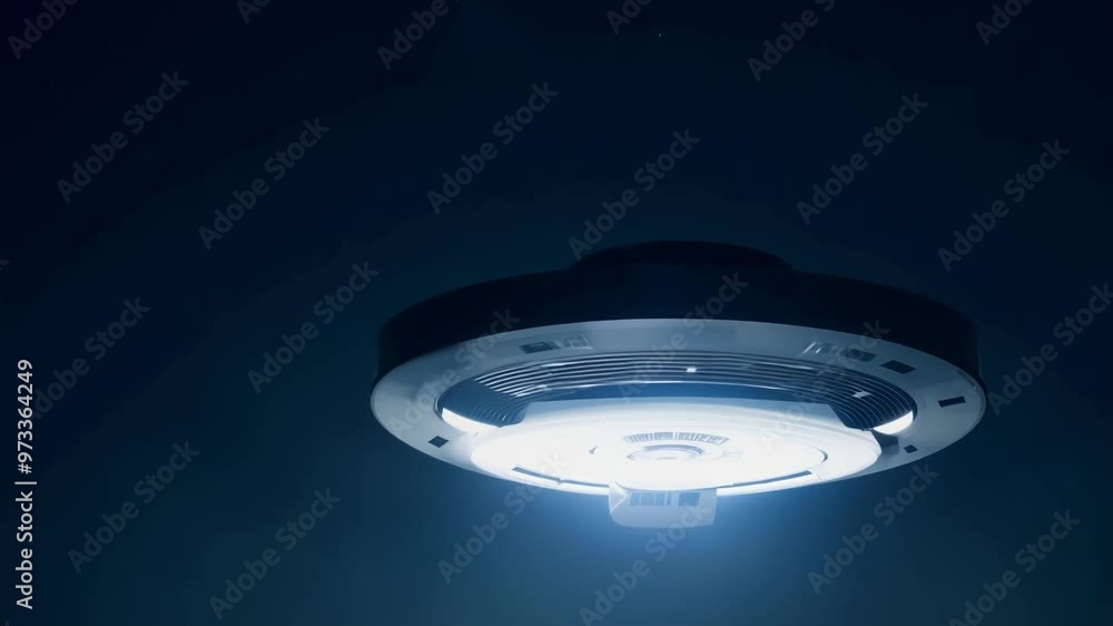 Poster Large, metallic, disc shaped ufo spaceship is hovering in the dark night sky, with bright lights emanating from its underside