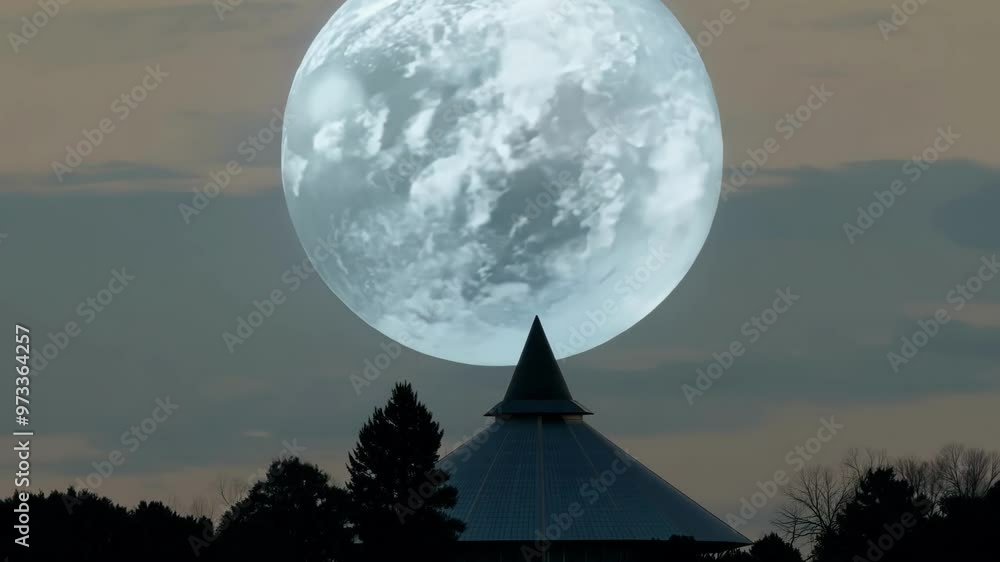 Aufkleber Large, low hanging planet dominates the sky above a silhouetted building and trees, creating an eerie and otherworldly atmosphere