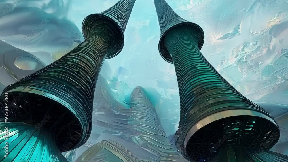 Aufkleber two towering structures with a metallic, green finish reach upwards in this abstract architectural d