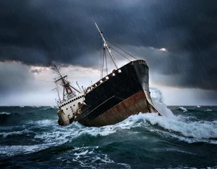 Old, rusty ship is sinking in a stormy ocean with dramatic clouds and heavy rain