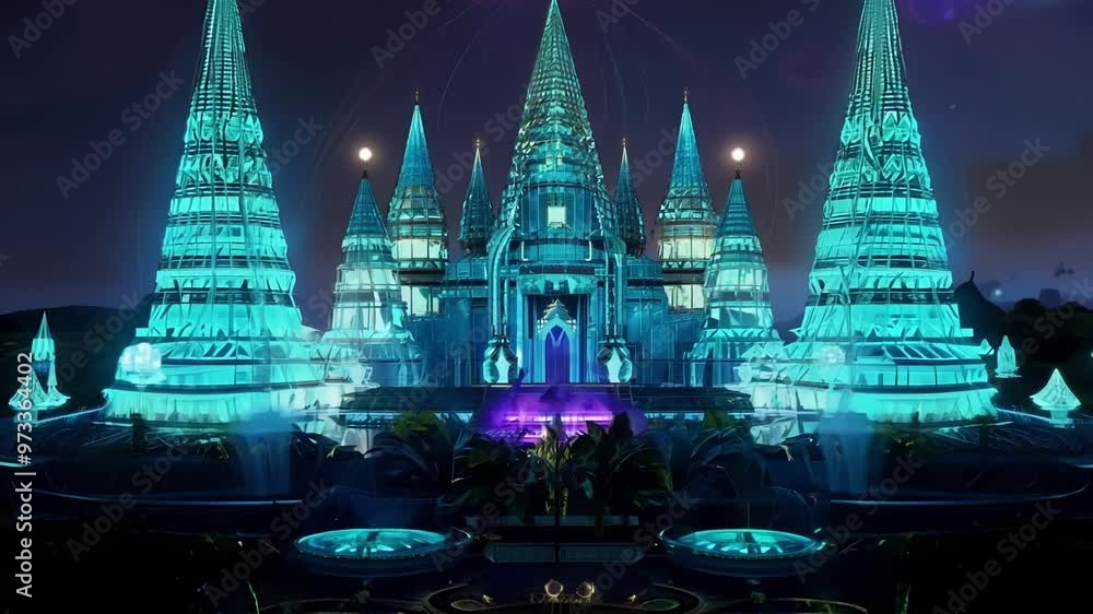 Poster futuristic cityscape is illuminated by glowing blue light, showcasing the impressive architecture an