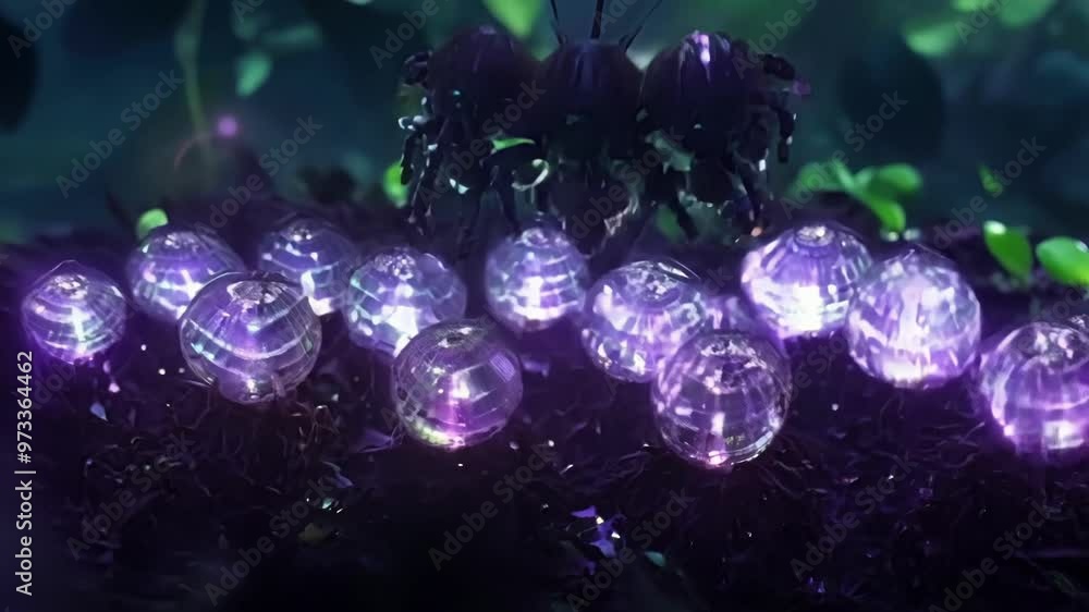 Poster Three alien robots are guarding glowing spheres on an alien planet with dark purple tones. The image evokes a sense of mystery and wonder