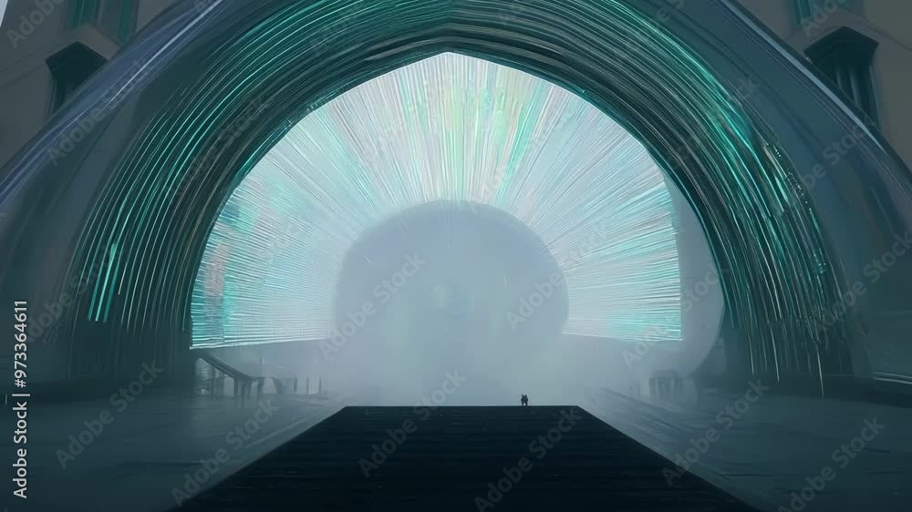 Poster Mysterious glowing portal is emanating light rays inside a futuristic interior. The fog effect adds a sense of mystery and intrigue to the scene
