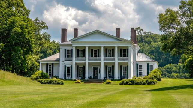 A white, two-story, antebellum mansion with a large porch and tall columns sits on a manicured lawn surrounded by trees.