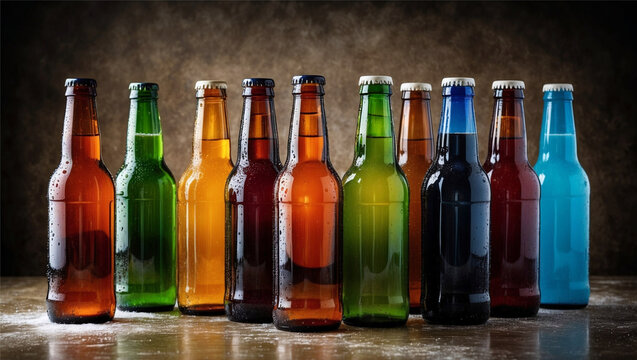 A vibrant assortment of multicolored beverage bottles, each covered in condensation, arranged in a line on a reflective surface. Brewing, packaging, branding, or beverage marketing.