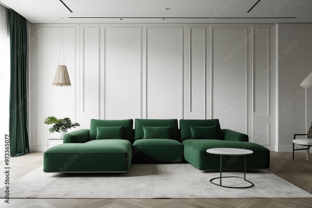 Wall mural Contemporary Minimalist Interior Design Showcasing a Green Sectional Sofa on a White Wall Background