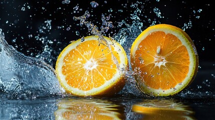 Dynamic slices of lemon and orange captured in mid-air with splashes of water against a dark backdrop, illustrating freshness and vitality.