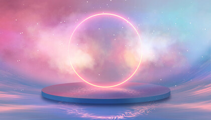 Futuristic fantasy seascape, neon waves, smoke, clouds, neon circle on the podium.