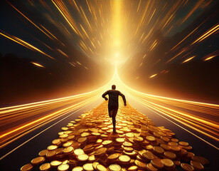 Businessman is running on a road covered with gold coins, towards a bright light at the end of a tunnel