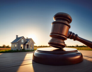 Judge's gavel is casting a long shadow on the table with a small house in the background at sunset