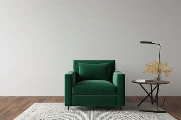 Stylish Living Room Design Featuring Green Armchair on Minimalist White Wall Backdrop