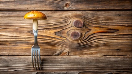 honey agaric, culinary, nature, isolated, appetizer, fork, food, background, small, cooking, Little honey agaric mushroom impaled on a metal fork against the background of wooden framing