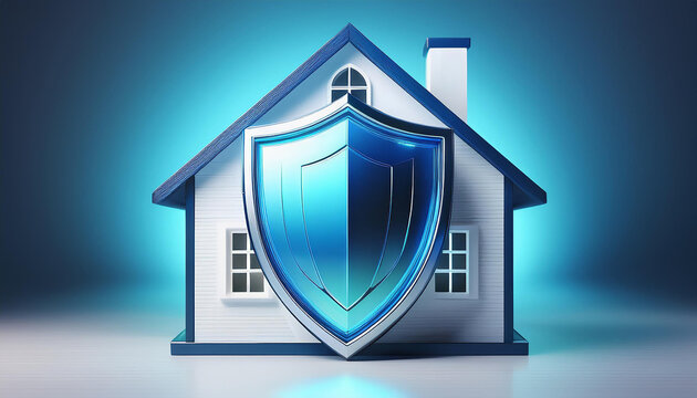 Blue shield is protecting a modern minimalist house with a blue background, depicting the concept of home security
