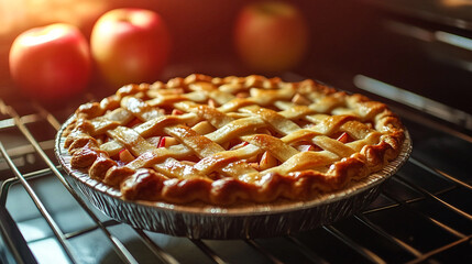 Freshly baked apple pie cooling in the oven with red apples in the background in a cozy kitchen