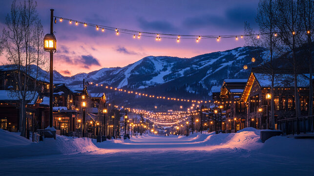 Twilight blanketed village street adorned with string lights and snowy mountains at dusk