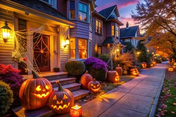 Vibrant orange and purple lanterns, glowing jack-o'-lanterns, and spider web-covered doors create a spooky yet festive