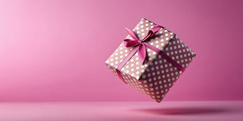 Fototapeta premium Polka dot gift box with ribbon floating in mid air against a pink background, ribbon, floating, falling, levitation, macro, pink background
