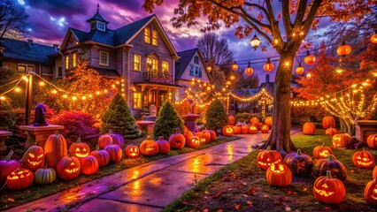 Vibrant orange and purple lights illuminate a spooky autumn night, perfect for hosting a ghostly gathering or monster