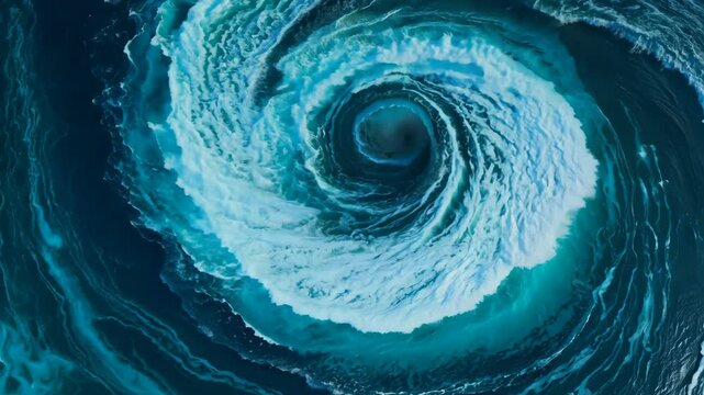 Dark blue and white vortex swirling in the center with turbulent water motion
