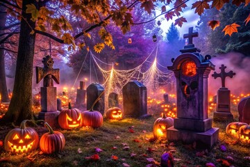 Obraz premium Vibrant orange and purple lights illuminate a spooky graveyard scene with cobweb-covered tombstones, ghostly figures,