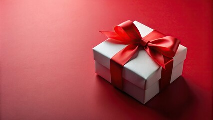 Obraz premium special occasion, holiday, shiny, birthday, box, white, bow, wrapped, elegant, background, aerial, red, anniversary,gift, festive, White gift box with red ribbon on red background