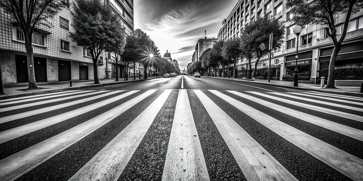 Fototapeta architectural, urban, pedestrian crossing, lines, A wide angle black and white stock photo of a street with a white crosswalk featuring a perspective shot that captures the entire scene