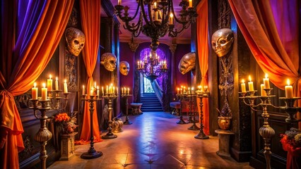 Fototapeta premium Vibrant orange and purple masquerade ball decorations adorn a dimly lit spooky mansion hallway, complete with candelabras, velvet drapes, and mysterious ornate masks on pedestals.