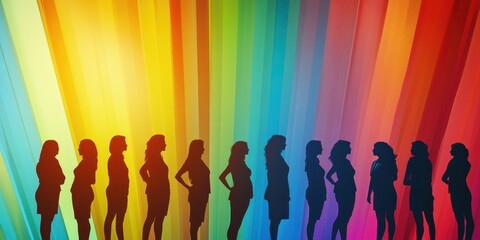 A group of business people standing in front of an abstract background with multi-colored stripes, representing diversity and a cohesive team Generative AI