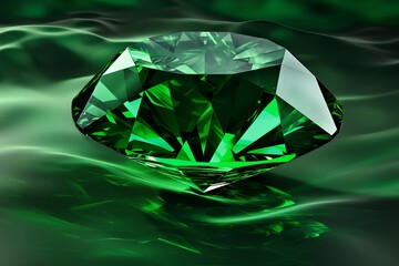 A large, emerald green gemstone with many facets rests on a green satin-like surface.