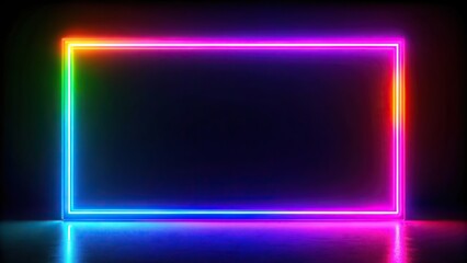 A neon glowing rectangle frame with vibrant colors is backlit on a black background The reflection adds a captivating visual effect, reflection, captivating, backlit,neon